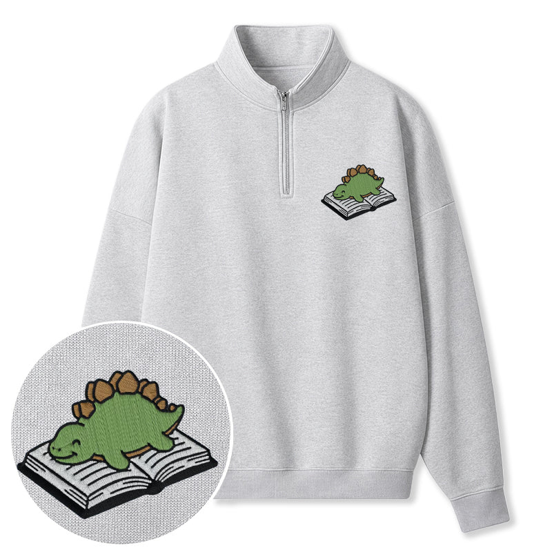 Embroidered Dinosaur Reading Books Classic Quarter Zip Sweatshirt