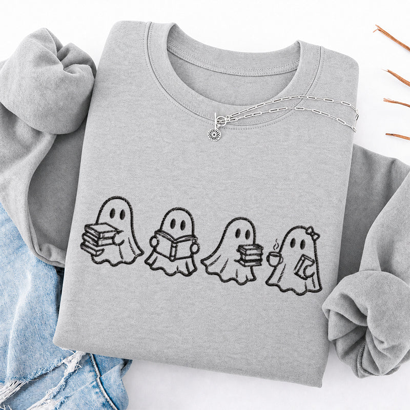 Embroidered Ghost Reading Books Classic Crewneck Sweatshirt