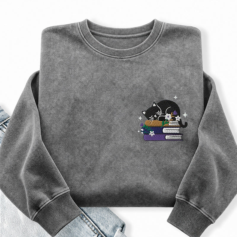Embroidered Cat Book Washed Crewneck Sweatshirt
