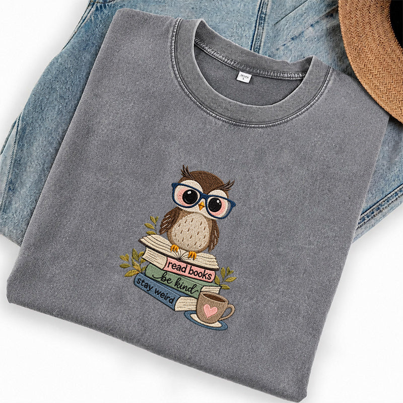 Embroidered Read Books Be Kind Owl Washed Crew Neck T-Shirt