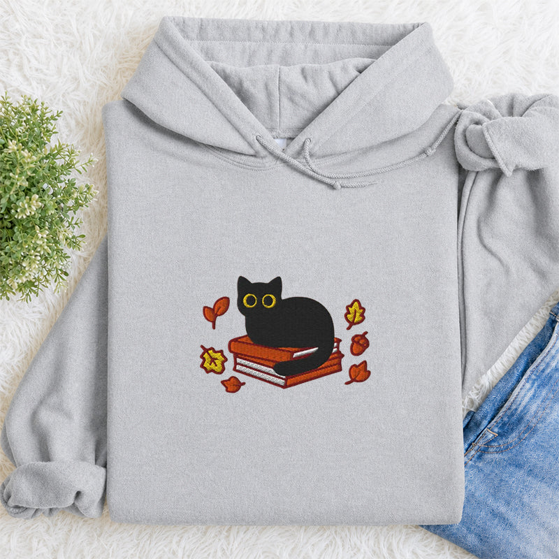 Embroidered Autumn Black Cat Book Classic Adult Unisex Hoodie