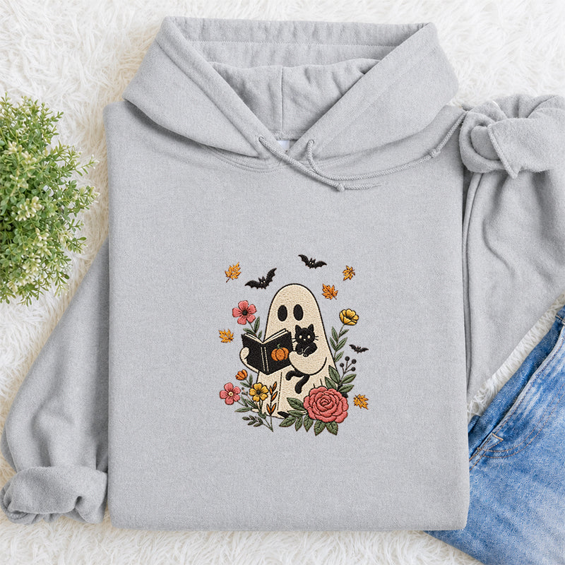 Embroidered Floral Ghost Reading Classic Adult Unisex Hoodie