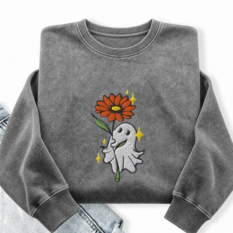 Embroidered Ghost Holding a Flower Washed Crewneck Sweatshirt