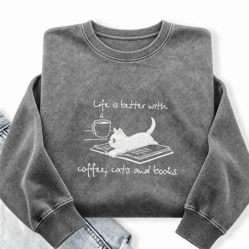 Embroidered Life Is Better With Coffee Book Cat Washed Crewneck Sweatshirt