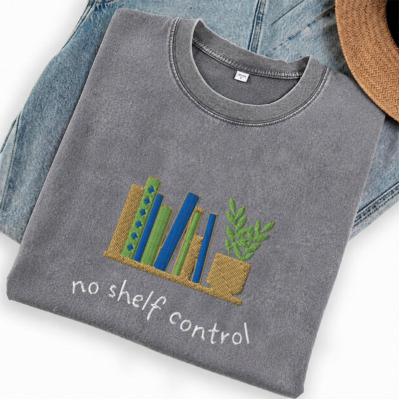 Embroidered No Shelf Control Book Washed Crew Neck T-Shirt
