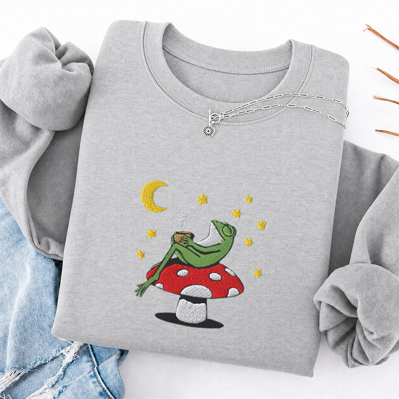 Embroidered Frog Night With Coffee Classic Crewneck Sweatshirt