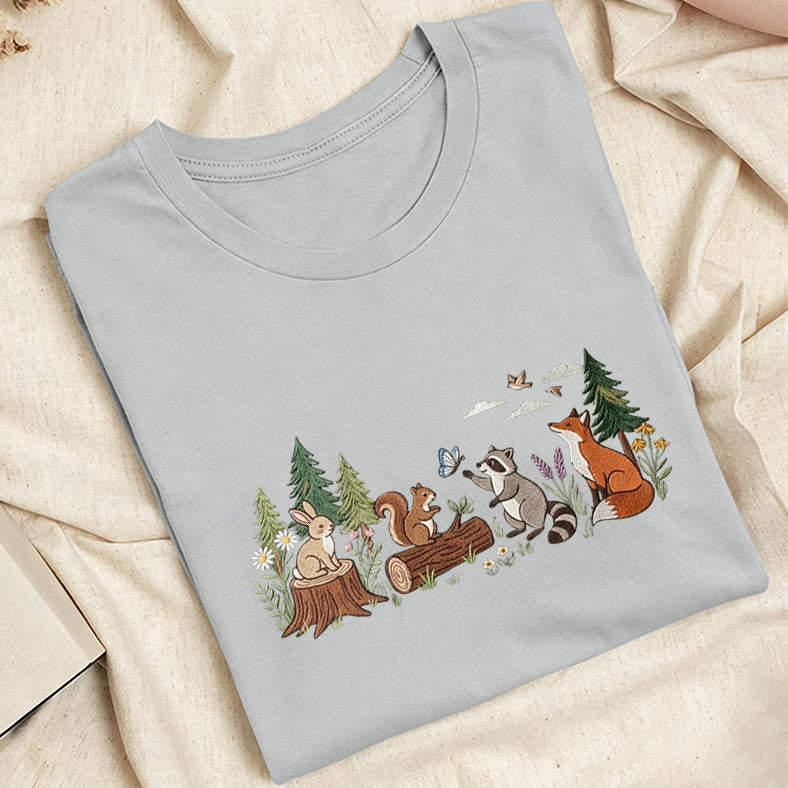 Embroidered Woodland Animals Classic Adult Unisex Crew Neck T-Shirt