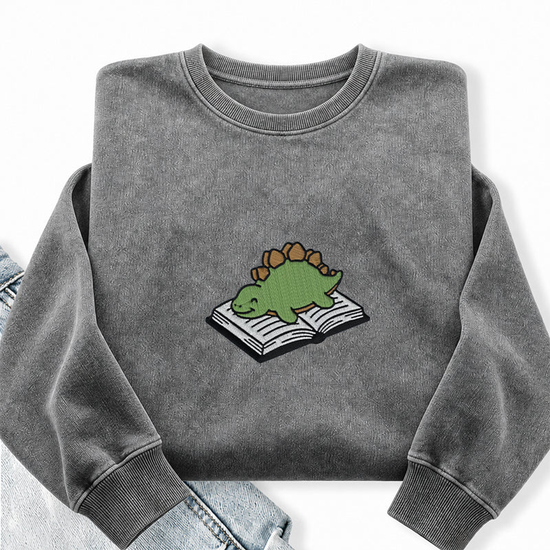 Embroidered Dinosaur Reading Books Washed Crewneck Sweatshirt