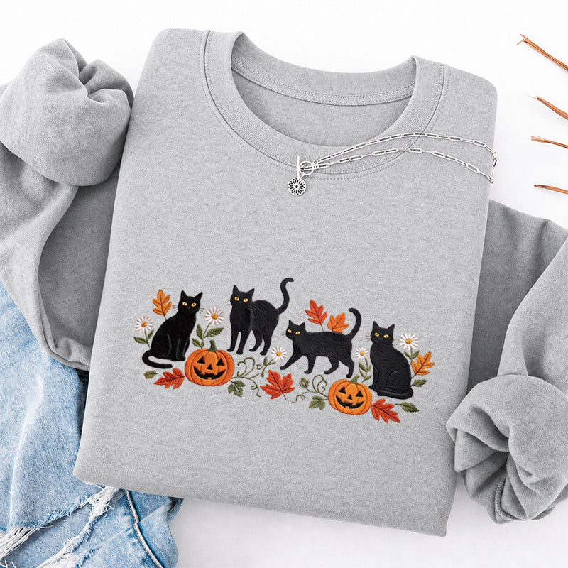 Embroidered Halloween Black Cat Pumpkins Classic Crewneck Sweatshirt