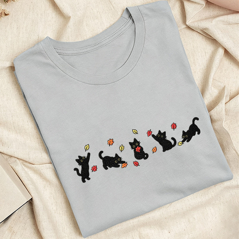 Embroidered Autumn Leaves Black Cats Classic Adult Unisex Crew Neck T-Shirt