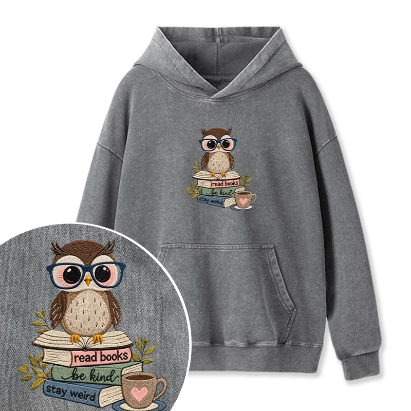Embroidered Read Books Be Kind Owl Washed Hoodie