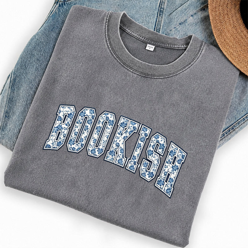Embroidered Retro Bookish Washed Crew Neck T-Shirt
