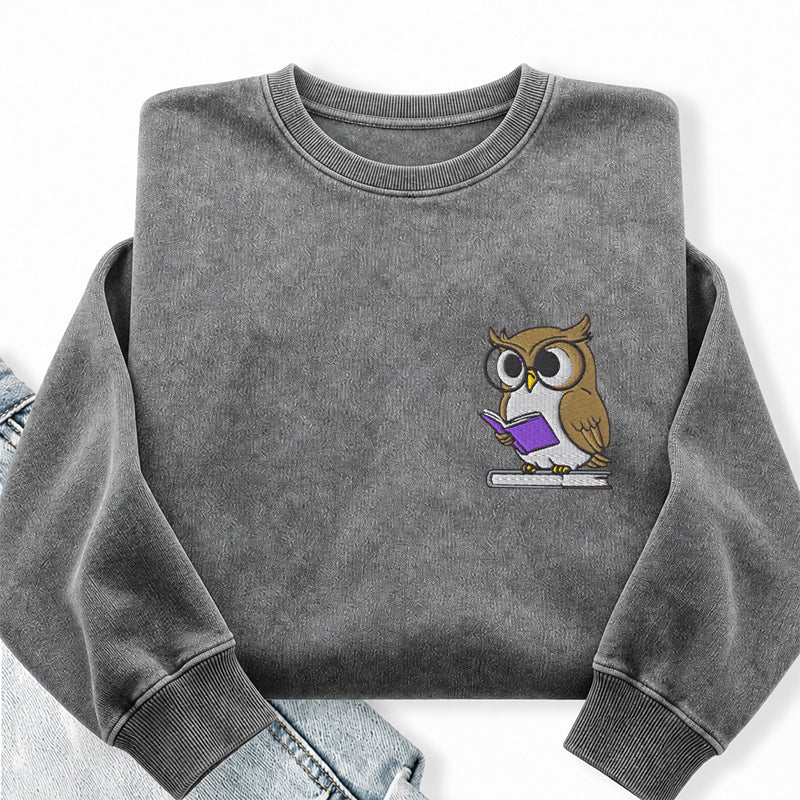 Embroidered Owl Reading Washed Crewneck Sweatshirt