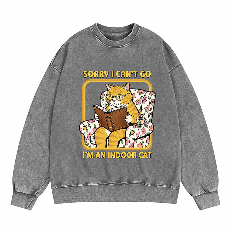 Sorry I Can't Go I'm an Indoor Cat Washed Crewneck Sweatshirt