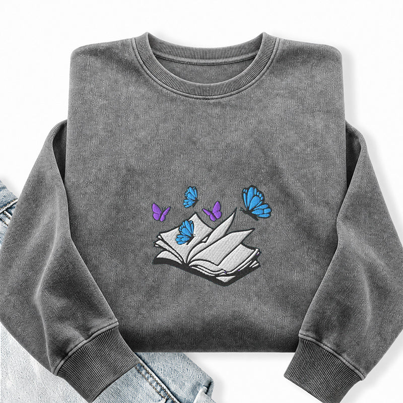 Embroidered Open Book With Butterflies Washed Crewneck Sweatshirt