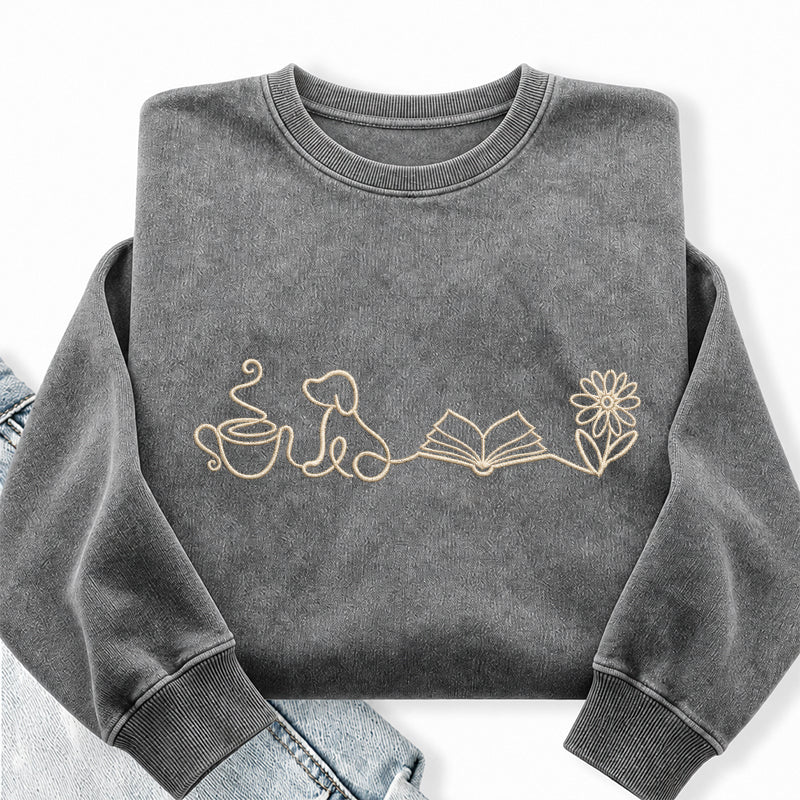 Embroidered Coffee Dog Book Flowers Washed Crewneck Sweatshirt