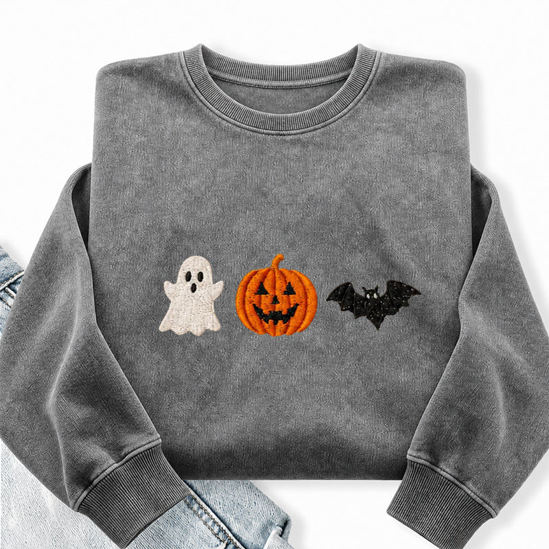 Embroidered Holloween Ghost Pumpkin Bat Washed Crewneck Sweatshirt