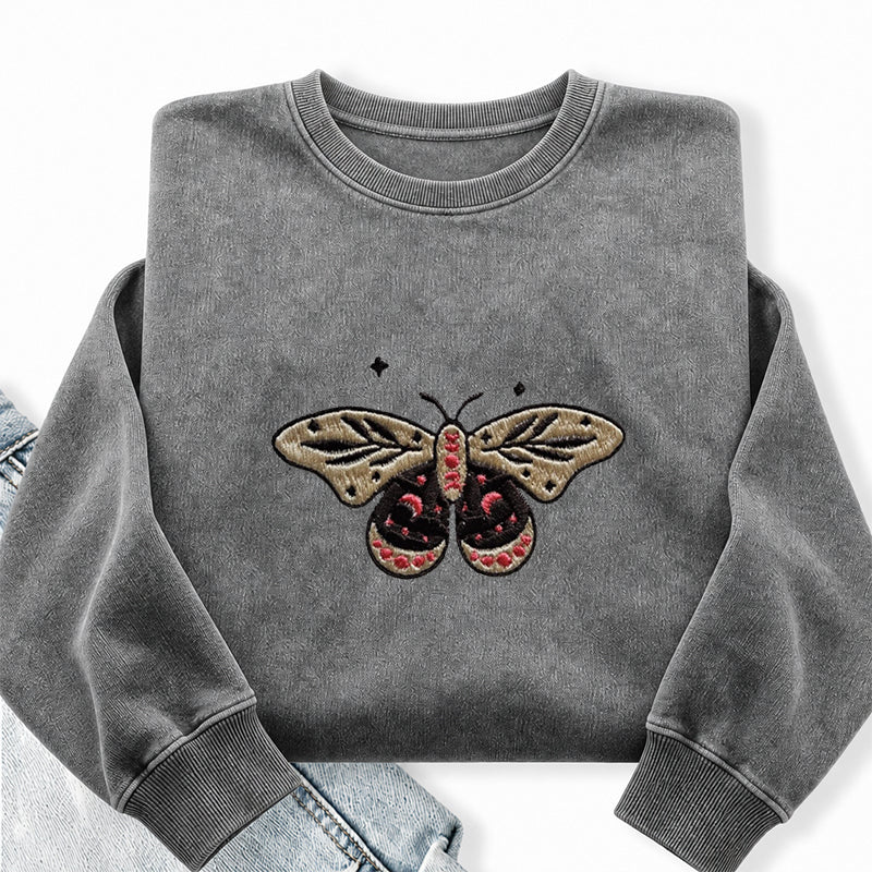 Embroidered Moth Butterfly Washed Crewneck Sweatshirt