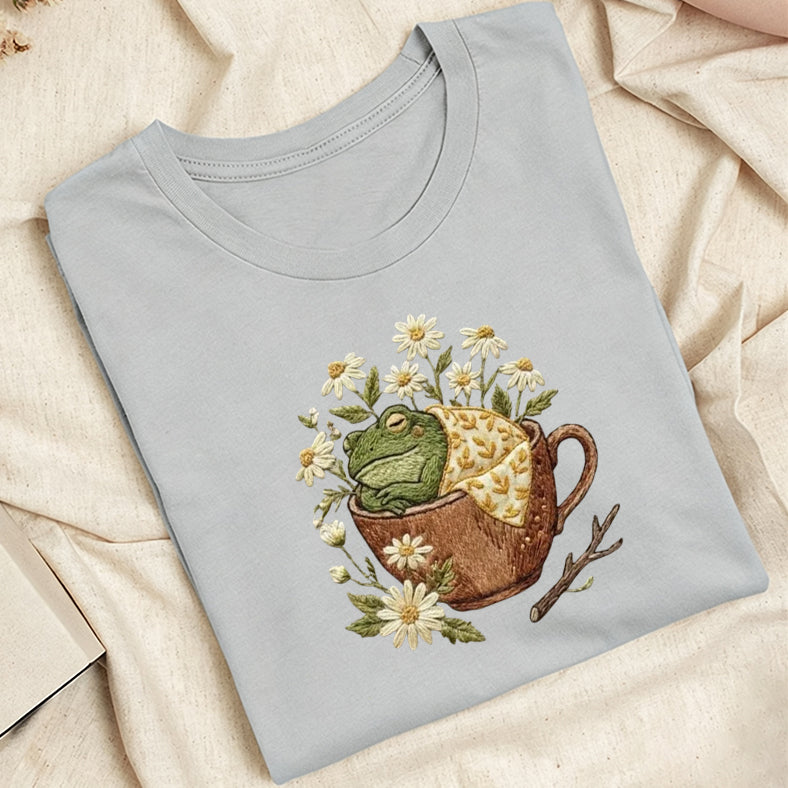 Embroidered Frog in Teacup Classic Adult Unisex Crew Neck T-Shirt