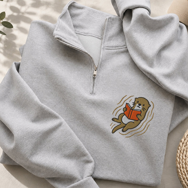 Embroidered Reading Otter Classic Quarter Zip Sweatshirt