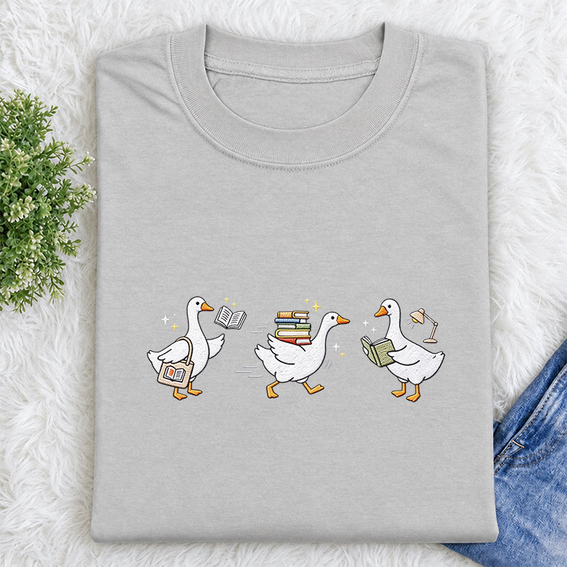 Embroidered Goose Reading Books Classic Crew Neck T-Shirt