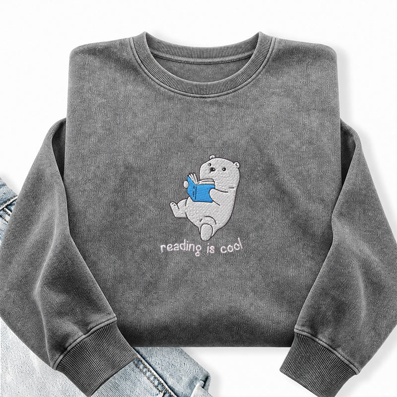 Embroidered Reading Is Cool Polar Bear Washed Crewneck Sweatshirt