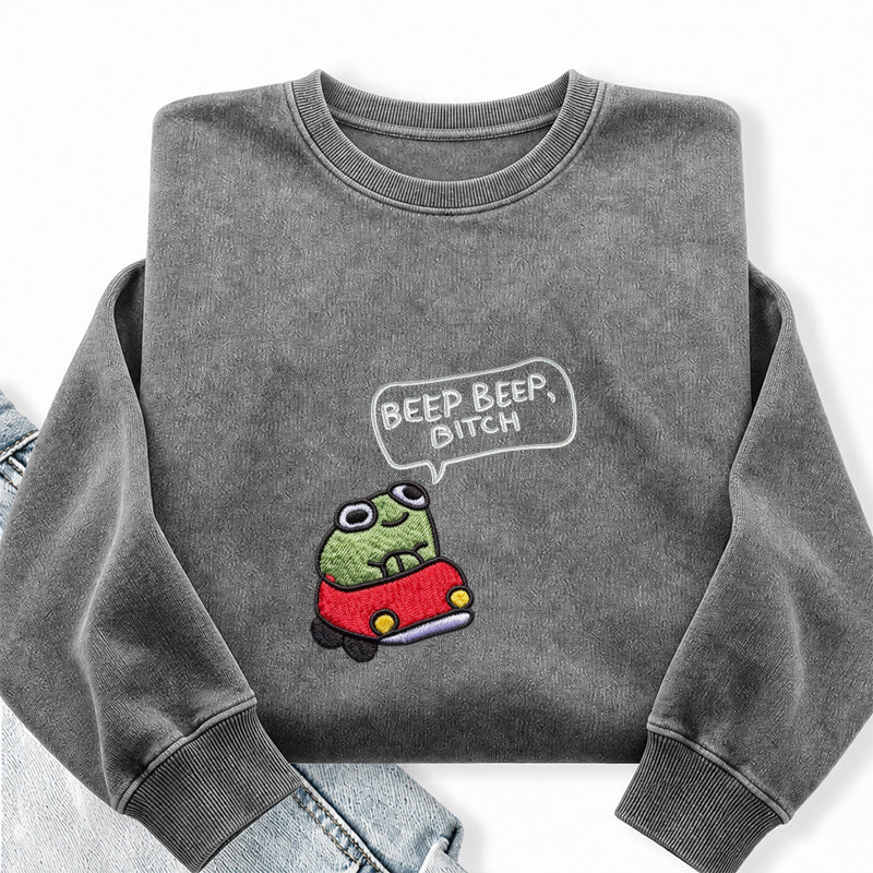 Embroidered Funny Cottagecore Frog Washed Crewneck Sweatshirt