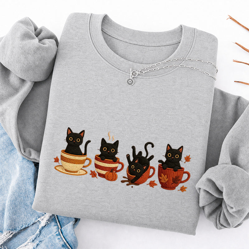 Embroidered Black Cat Coffee Classic Crewneck Sweatshirt