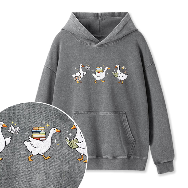 Embroidered Goose Reading Books Washed Hoodie