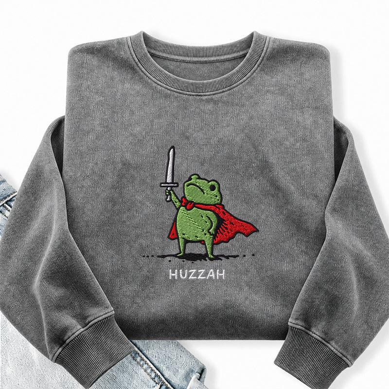 Embroidered Huzzah Frog with Sword Washed Crewneck Sweatshirt