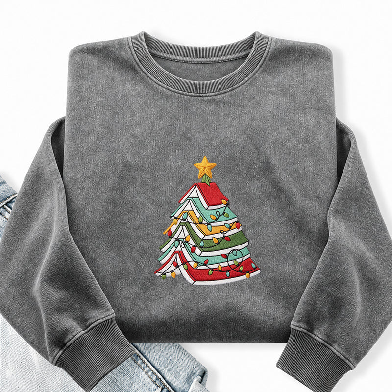 Embroidered Book Christmas Tree Washed Crewneck Sweatshirt