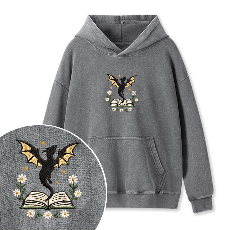 Embroidered Dragon Floral Book Washed Hoodie