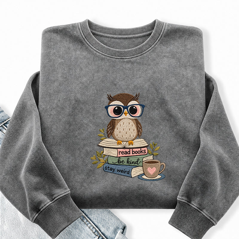 Embroidered Read Books Be Kind Owl Washed Crewneck Sweatshirt