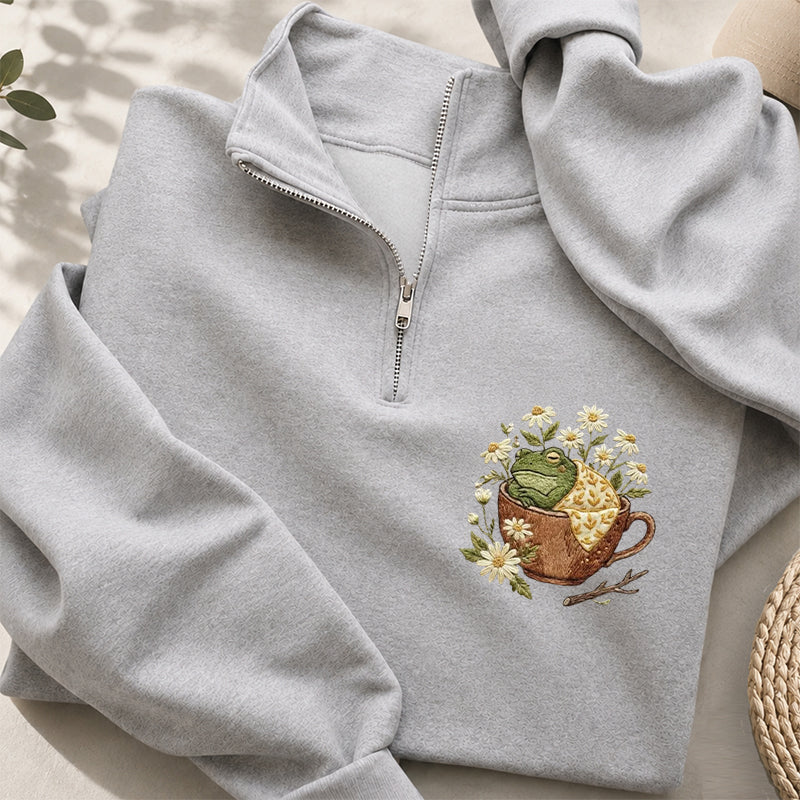 Embroidered Frog In Teacup Classic Quarter Zip Sweatshirt