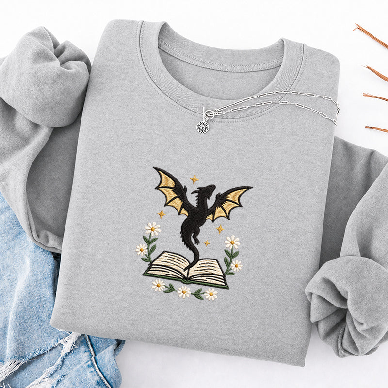 Embroidered Dragon Floral Book Classic Crewneck Sweatshirt