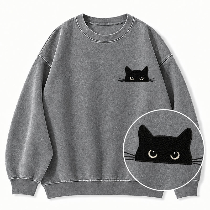 Embroidered Peeking Black Cat Washed Crewneck Sweatshirt