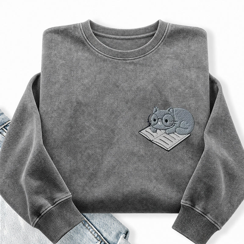 Embroidered Cat On Book Washed Crewneck Sweatshirt