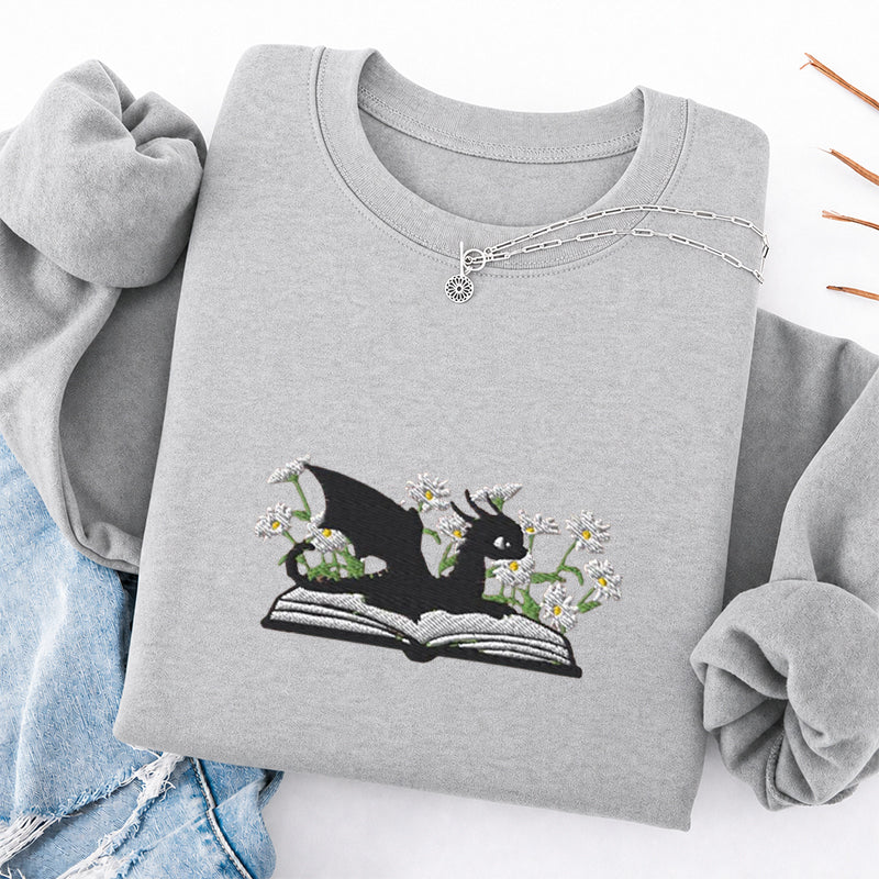 Embroidered Floral Dragon Book Classic Crewneck Sweatshirt
