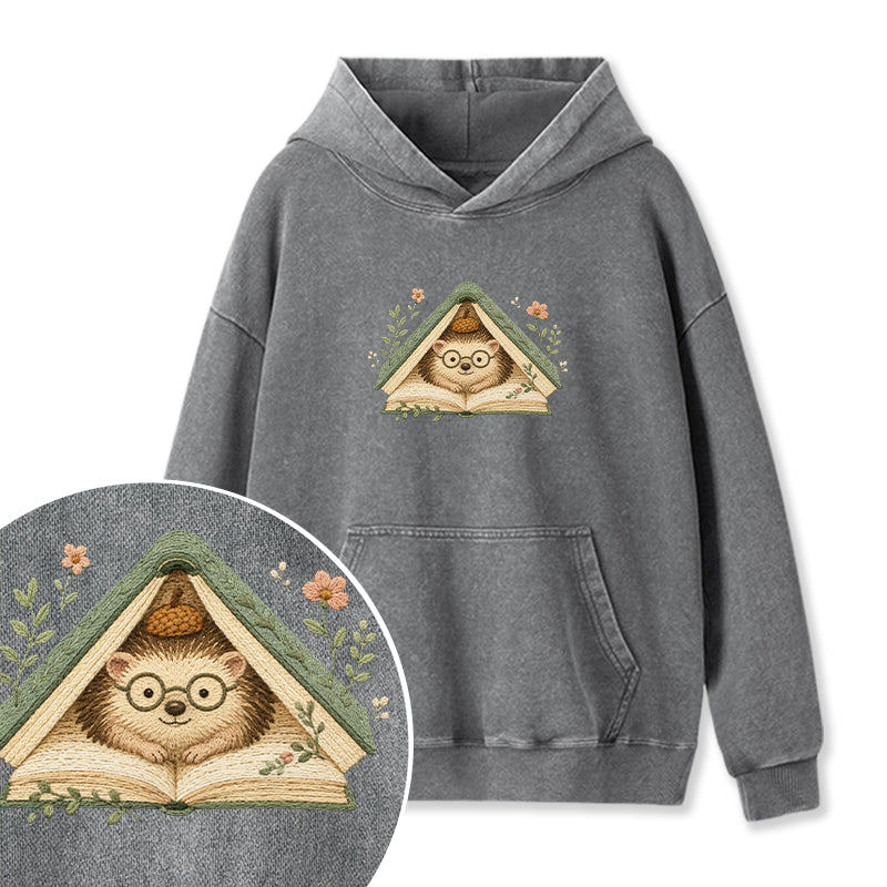 Embroidered Hedgehog Book Flower Washed Hoodie