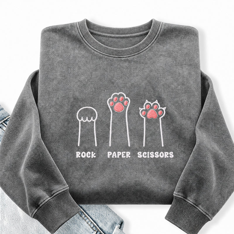 Embroidered Rock Paper Scissors Cat Paw Washed Crewneck Sweatshirt