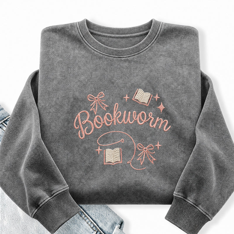 Embroidered Funny Bookworm Washed Crewneck Sweatshirt