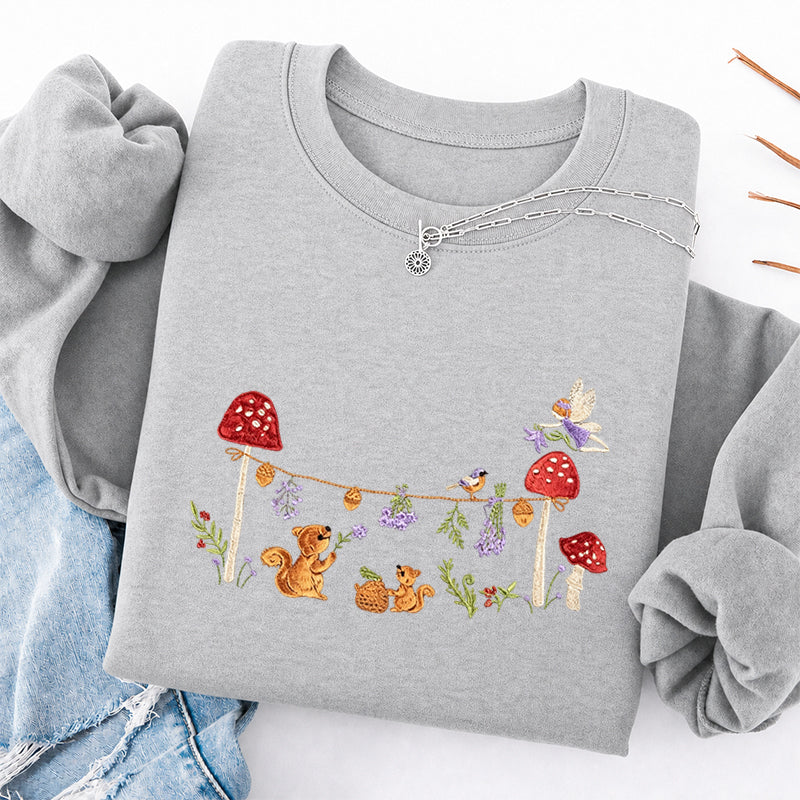 Embroidered Squirrel Woodland Fairy Tale Classic Crewneck Sweatshirt