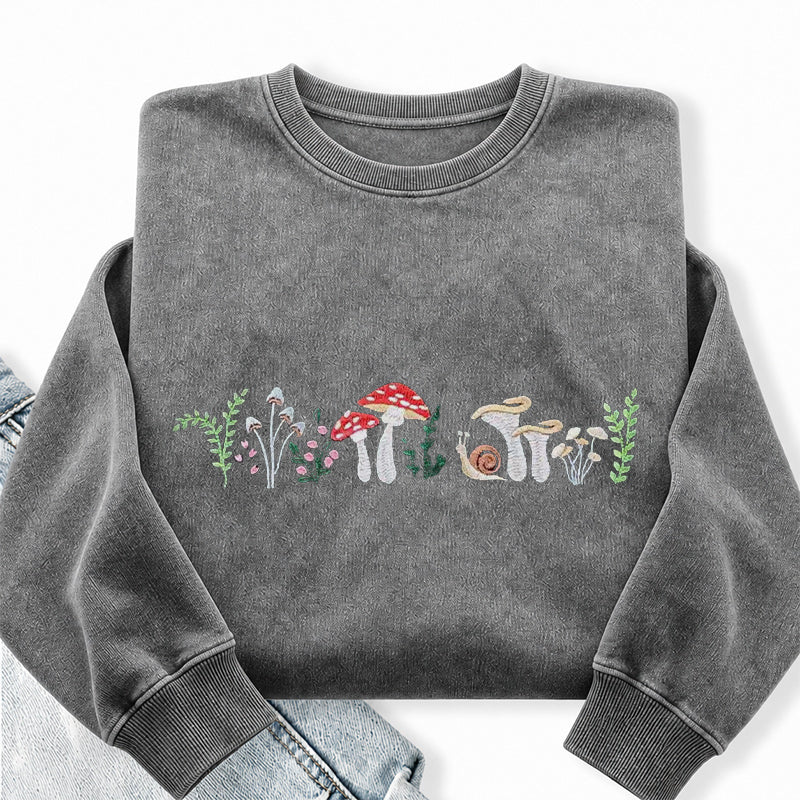 Embroidered Forest Mushroom Washed Crewneck Sweatshirt