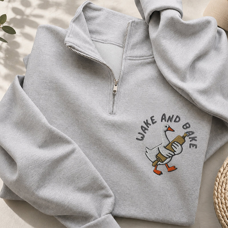 Embroidered Wake And Bake Classic Quarter Zip Sweatshirt