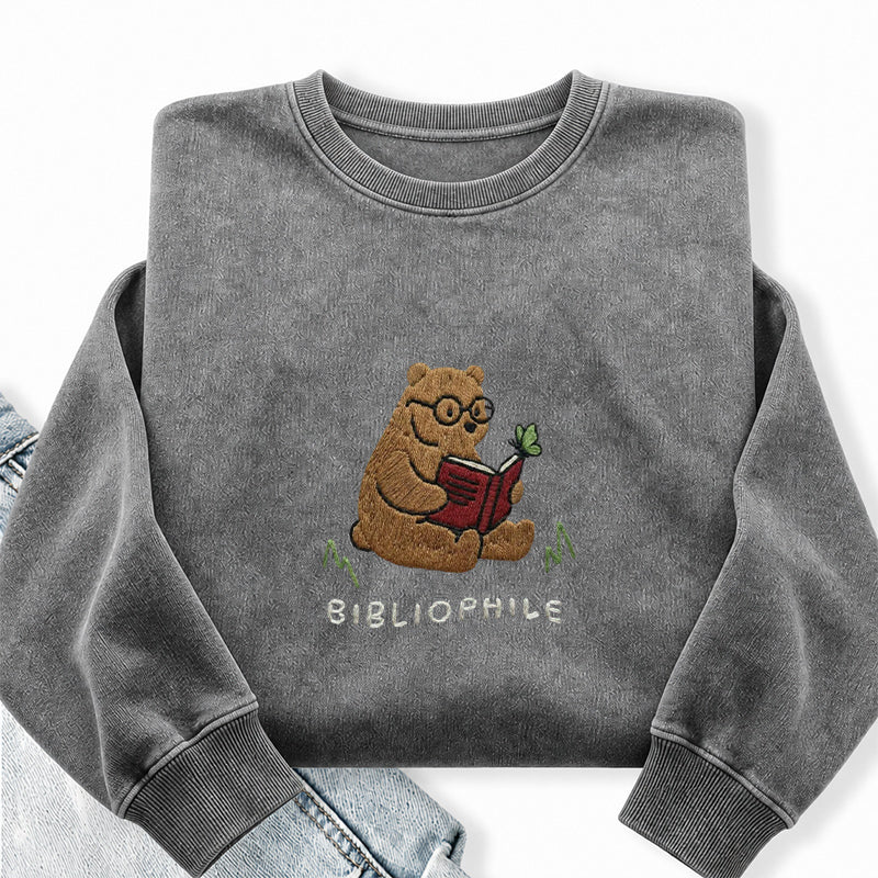 Embroidered Reading Bear Washed Crewneck Sweatshirt