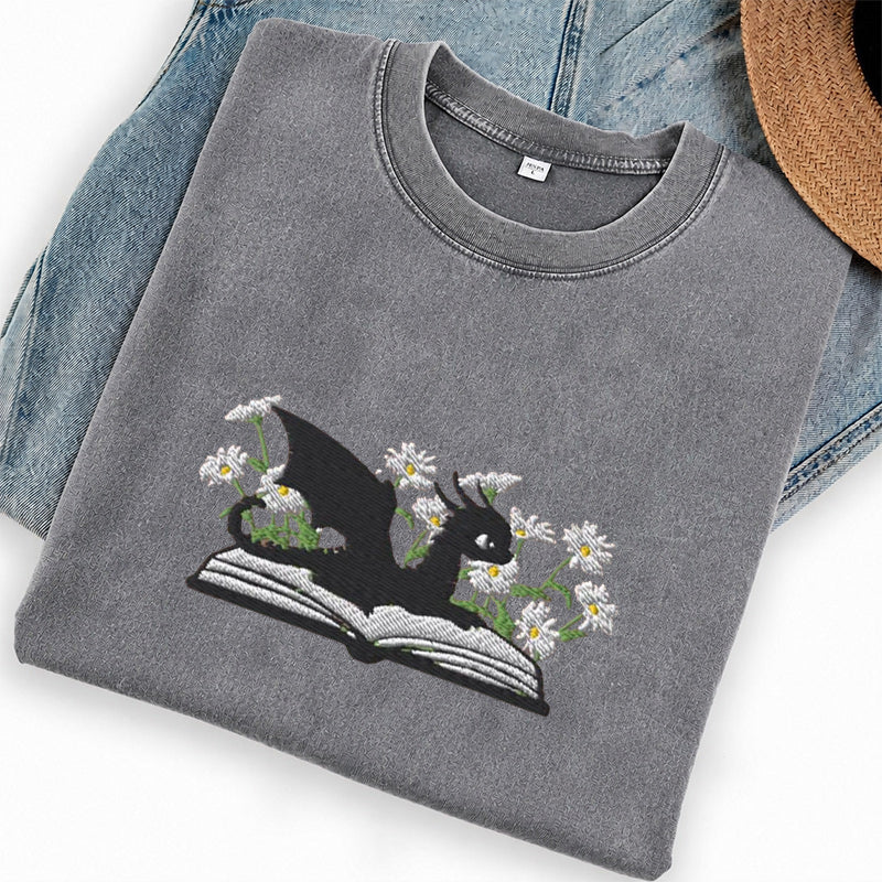 Embroidered Floral Dragon Book Washed Crew Neck T-Shirt