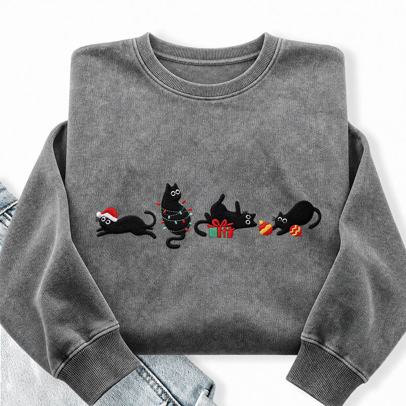 Embroidered Black Cat Christmas Washed Crewneck Sweatshirt