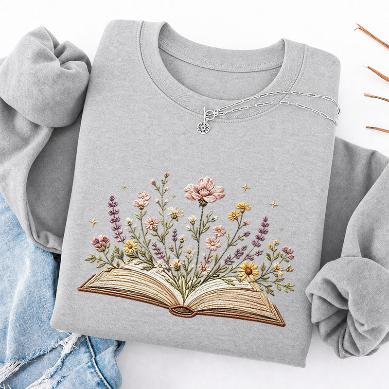 Embroidered Floral Book Classic Crewneck Sweatshirt