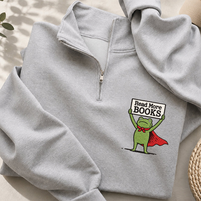 Embroidered Read More Books Frog Classic Quarter Zip Sweatshirt