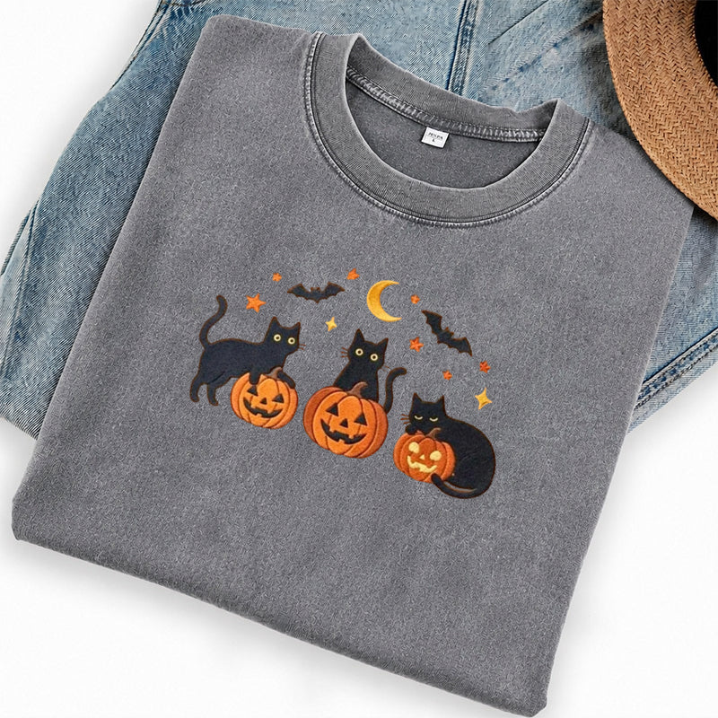 Embroidered Black Cats and Pumpkin Halloween Washed Crew Neck T-Shirt